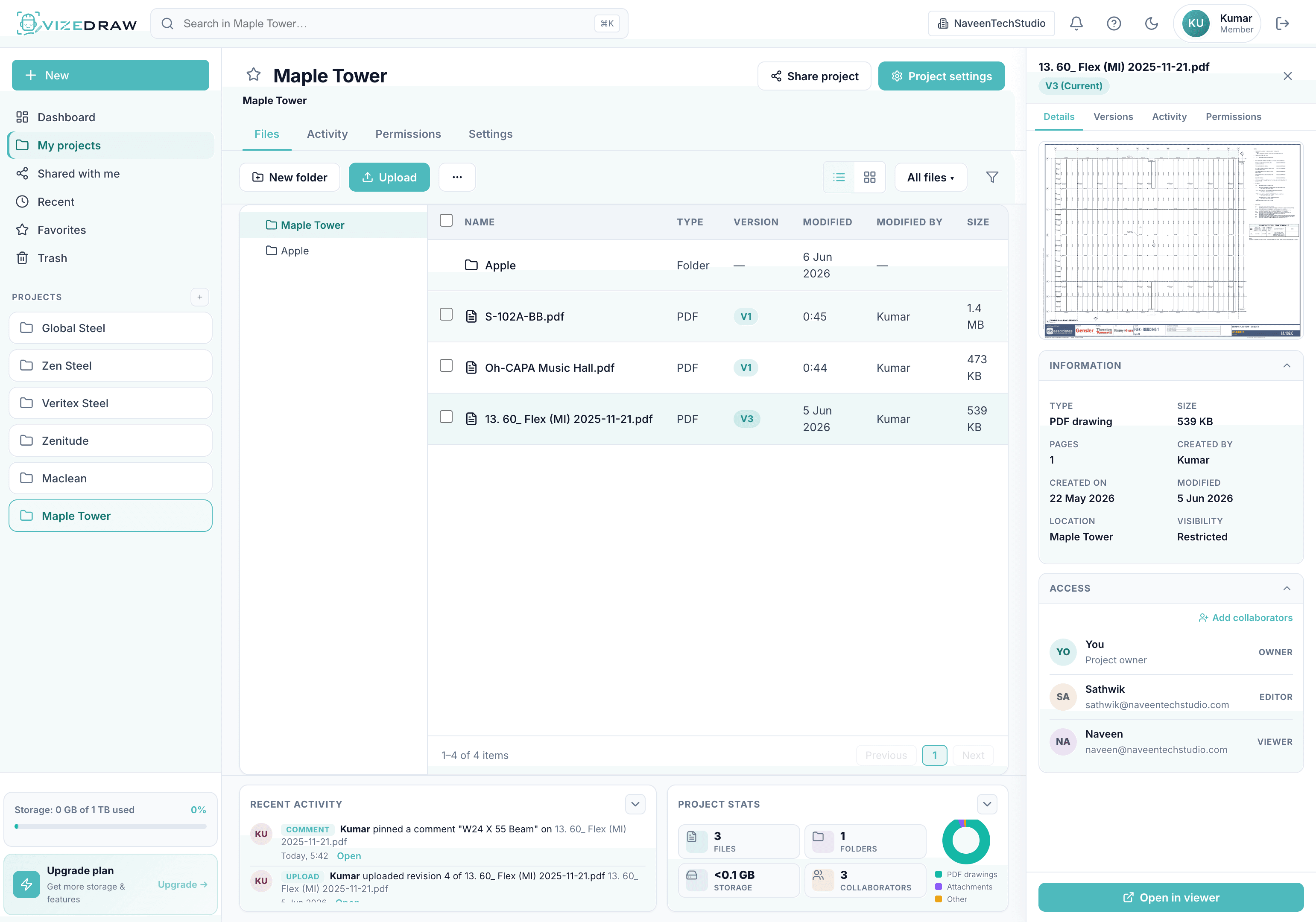 VizeDraw project file browser — Maple Tower project with files, versions, and access details