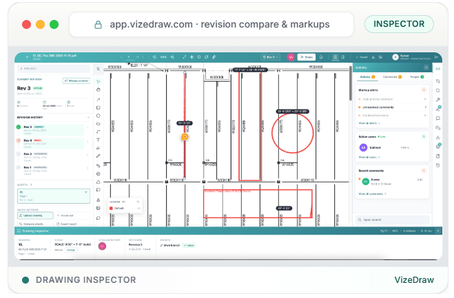 VizeDraw workspace with revision tracking, sheet markups, and drawing inspector